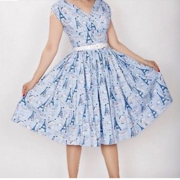 SOLD | ModCloth x Bernie Dexter Blue Sophie Dress Eiffel Tower Poodle SMALL - Picture 5 of 12